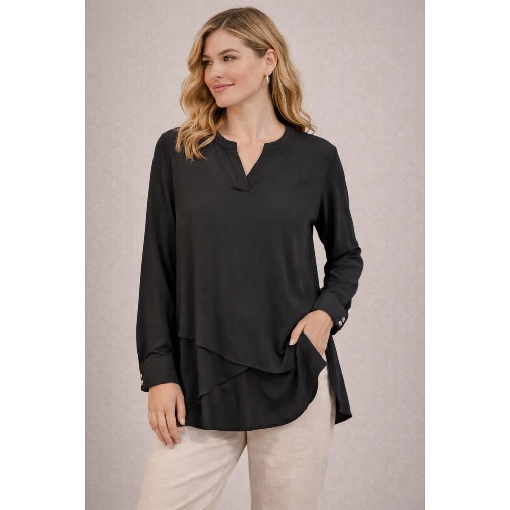 Susan Graver Tunic 8P Black Layered Asymmetrical Hem Long Sleeve Split V-Neck